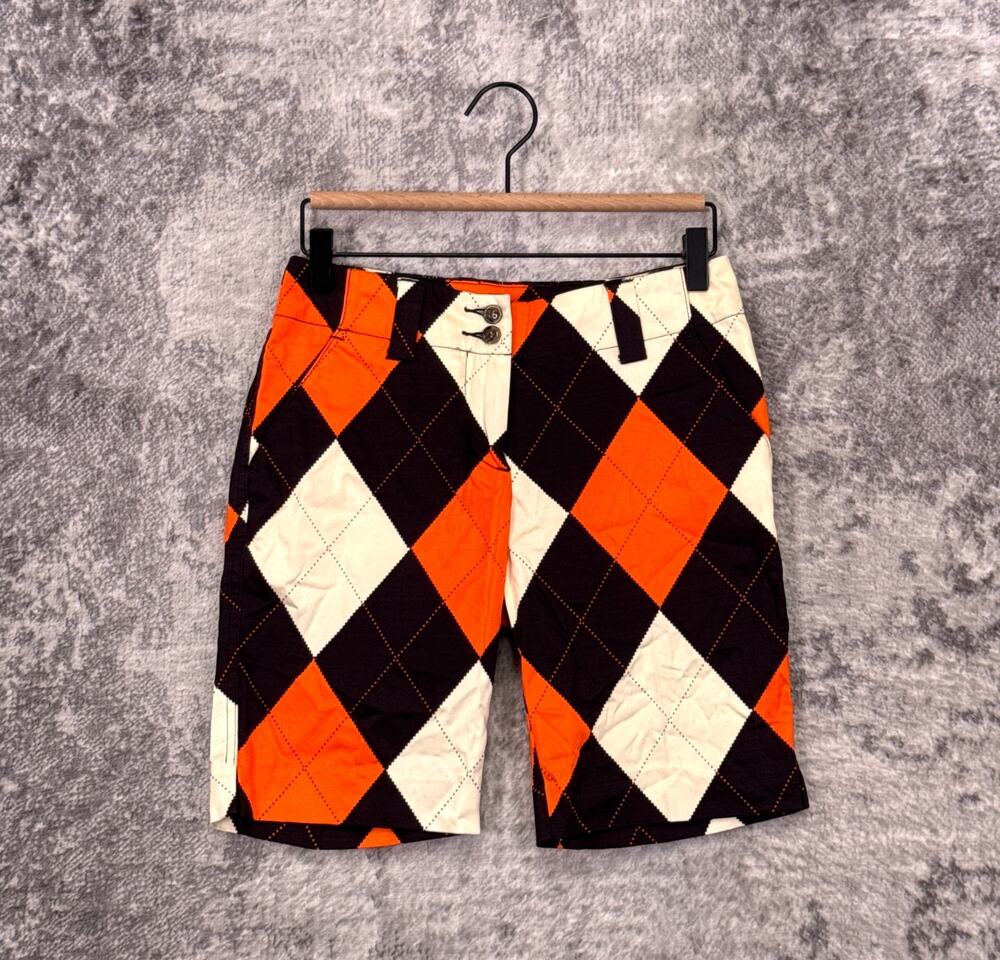 New Loudmouth Golf Shorts US 0 Womens Orange & Black Argyle Diamond